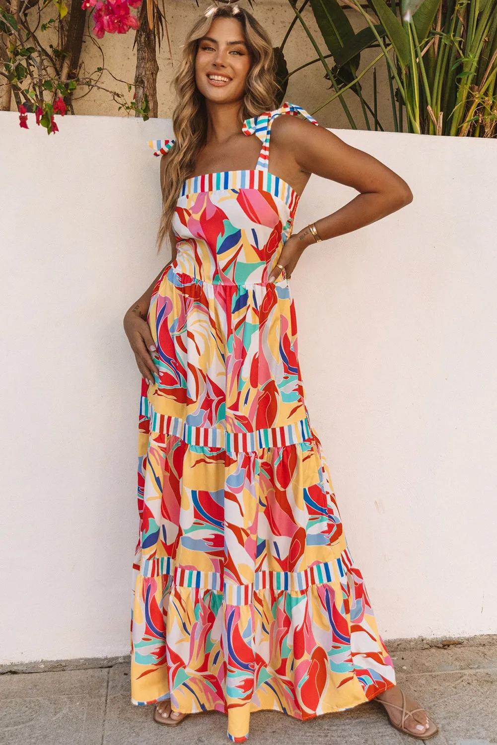 Abstract Striped Trim Maxi Sundress