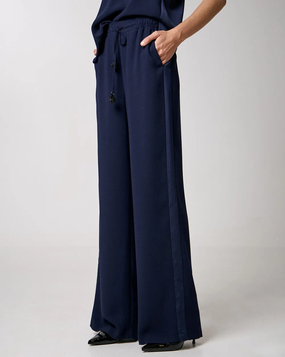 Access Fashion Navy Wide Leg Pants With Decorative Detail