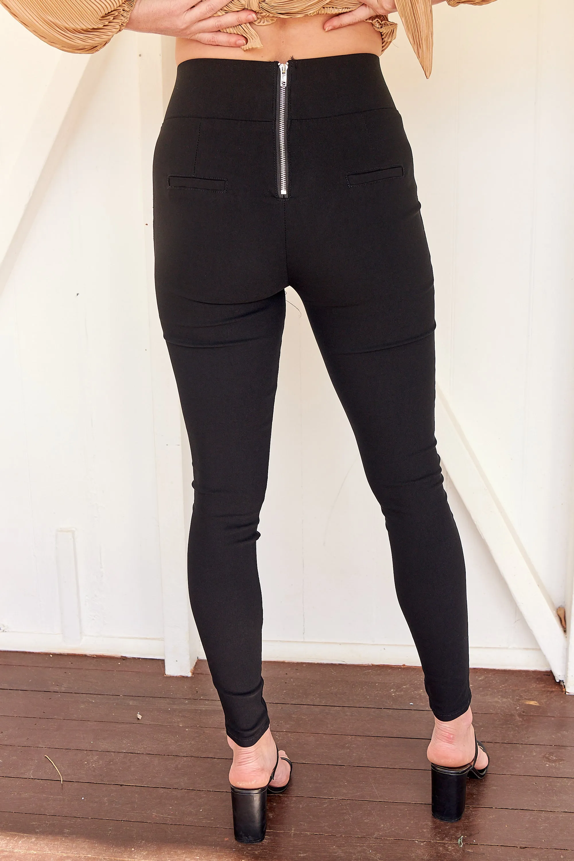 Amara High Waisted Black Matt Zip back Pants