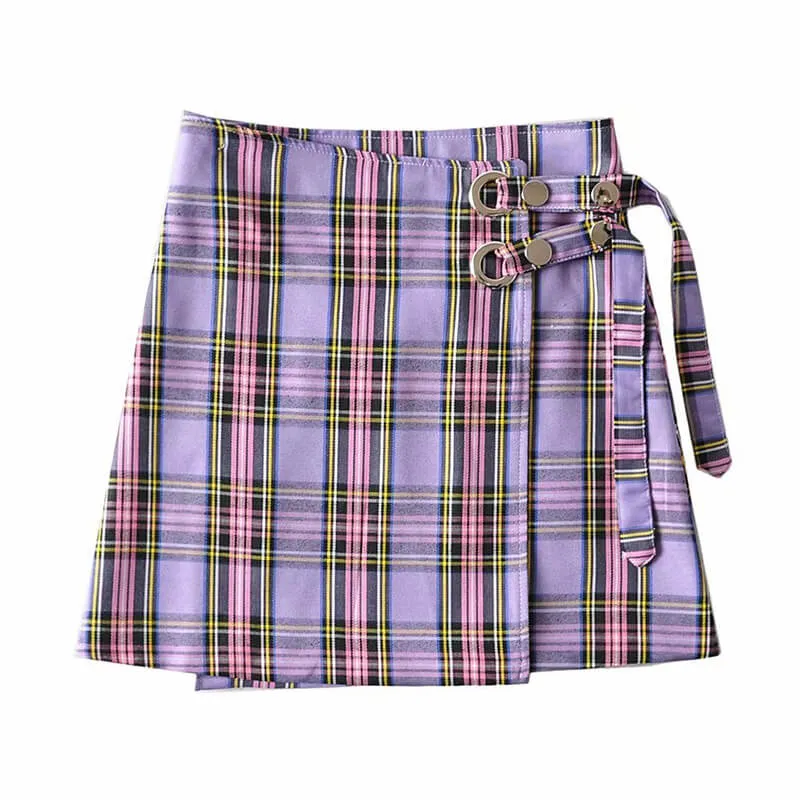 American retro niche blue plaid high waisted irregular diagonal skirt BY9132