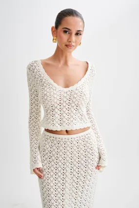 Anais Scalloped Long Sleeve Knit Top - Ivory