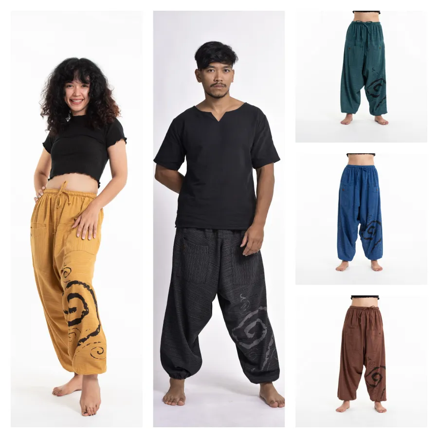 Assorted Set of 5 Unisex Drawstring Pinstripes Low Crotch Harem Pants with Spiral Printed