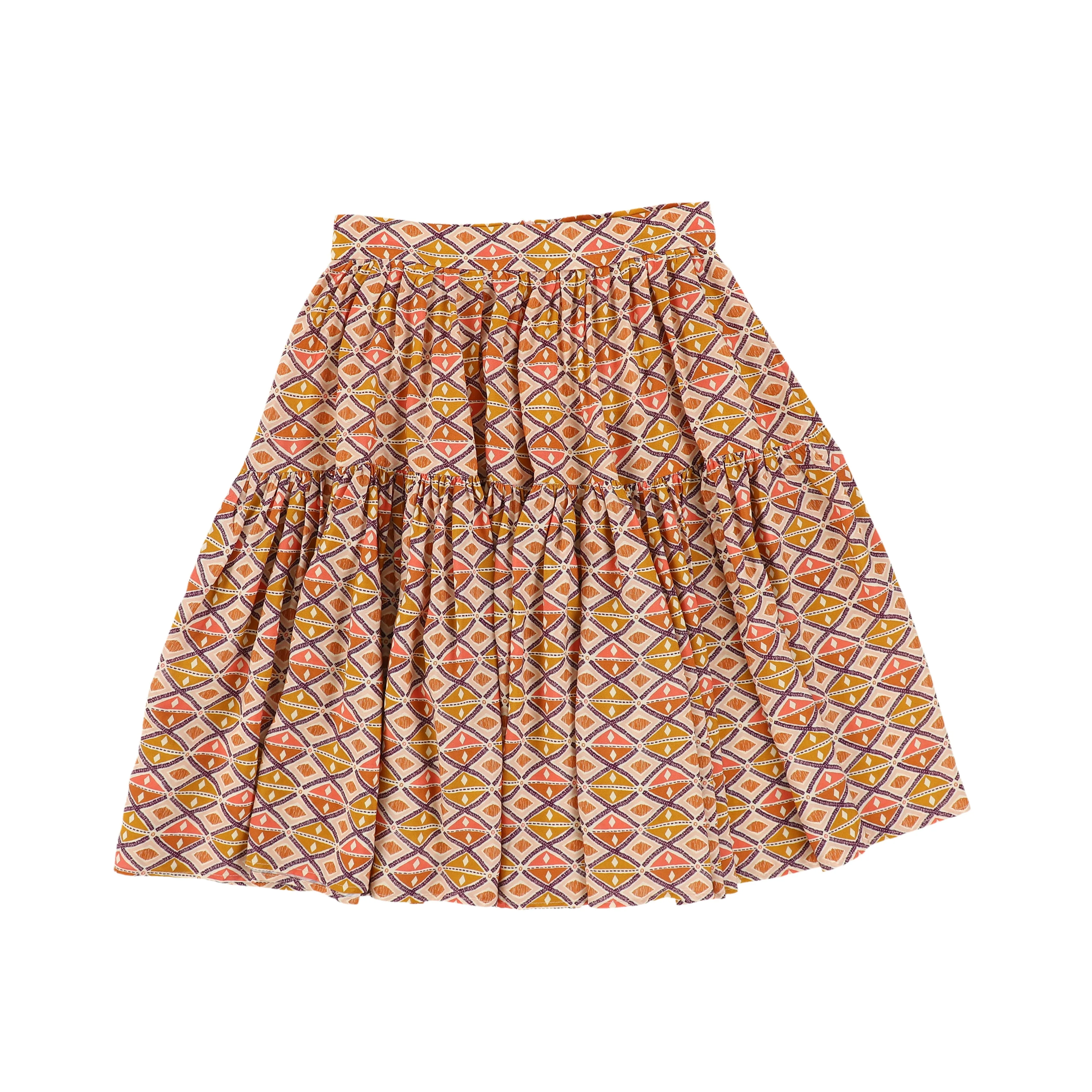 ATELIER PARSMEI PINK GEOMETRIC PRINT TIERED MIDI SKIRT [Final Sale]