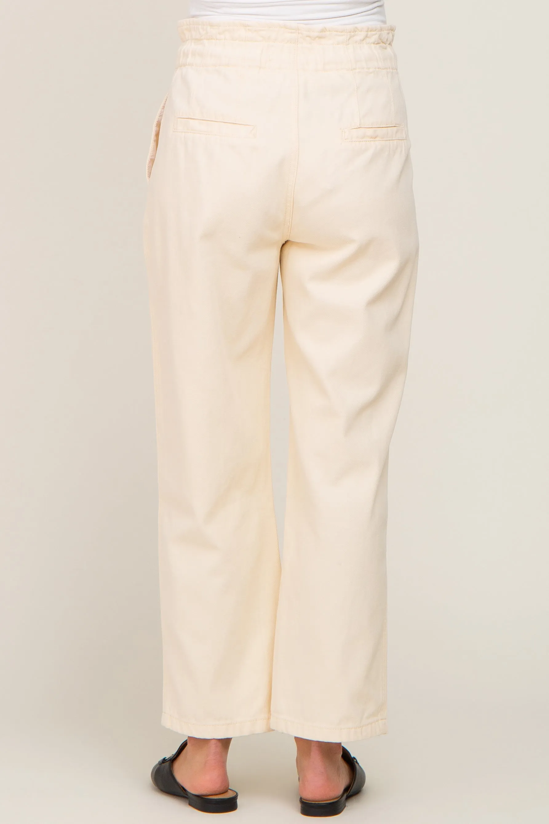 Beige Drawstring Pleated Maternity Denim Pants