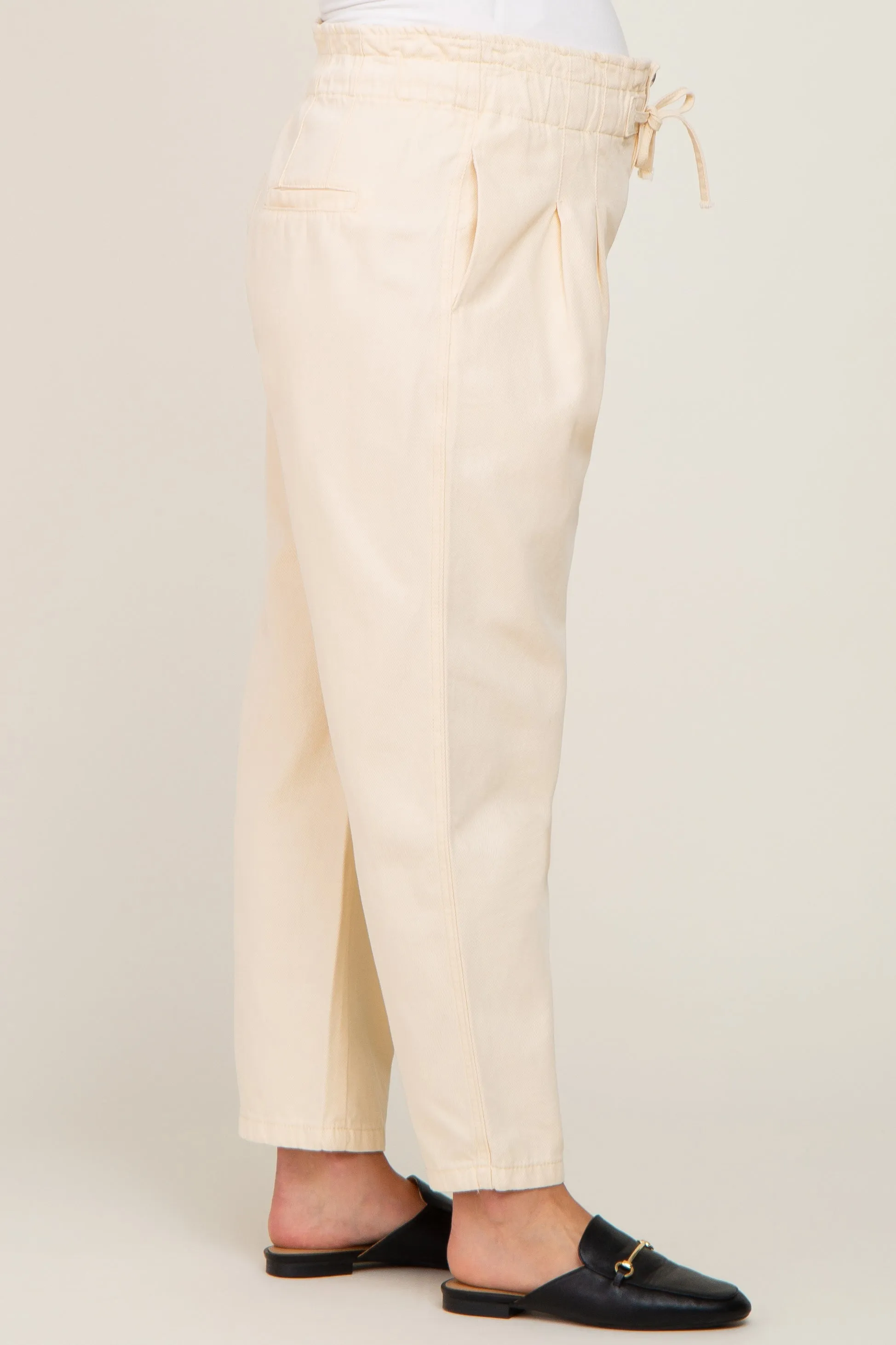 Beige Drawstring Pleated Maternity Denim Pants