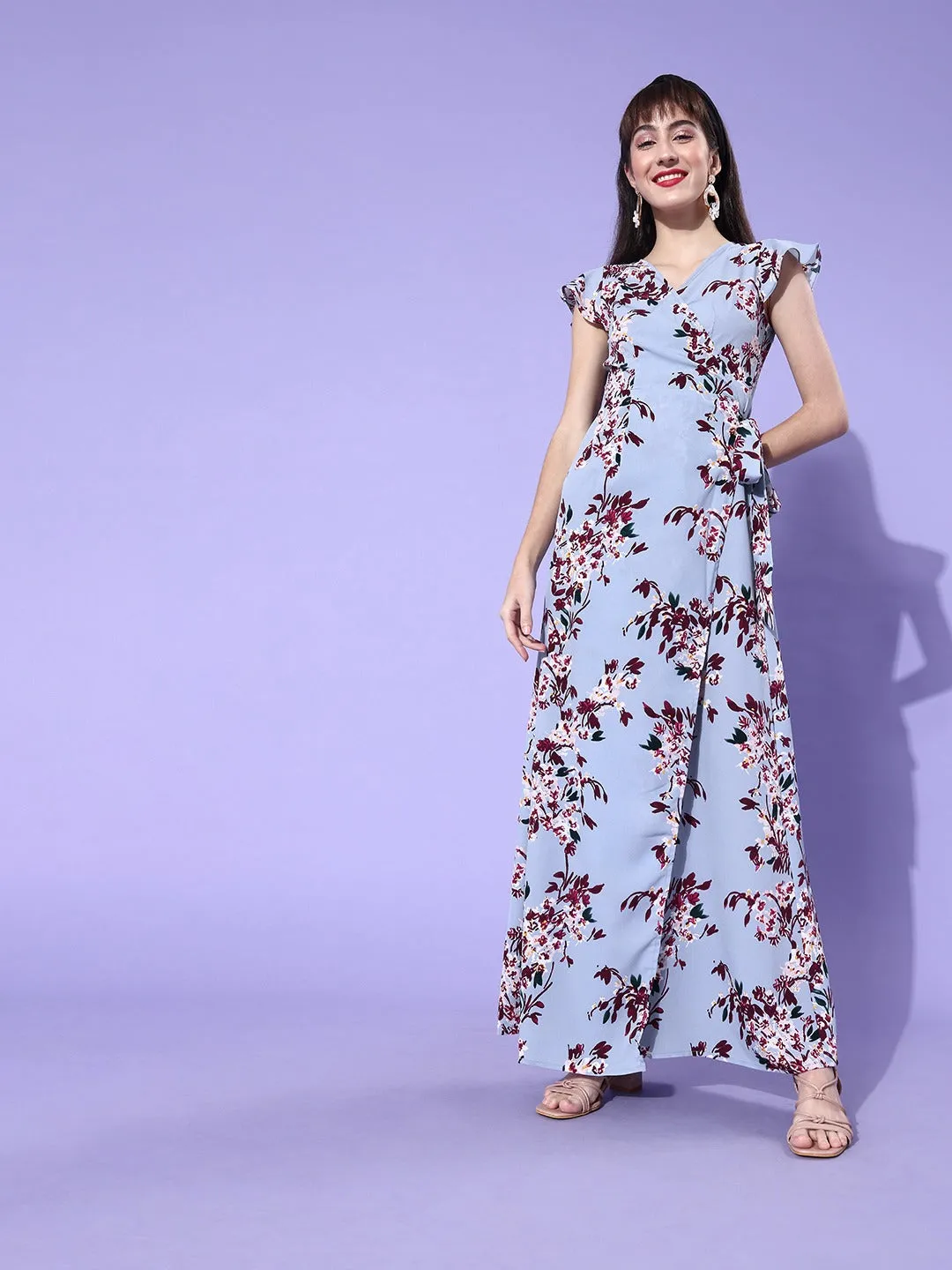 Berrylush Women Blue & Red Floral Printed Side Tie-up Wrap Maxi Dress