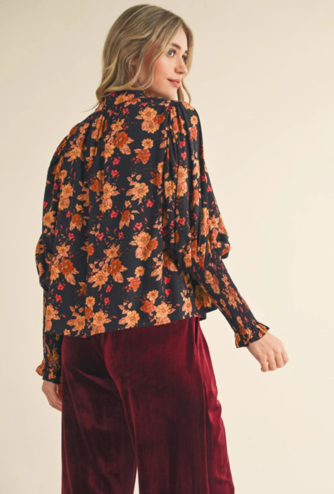 Black Floral Long Sleeve Tie Neck Blouse