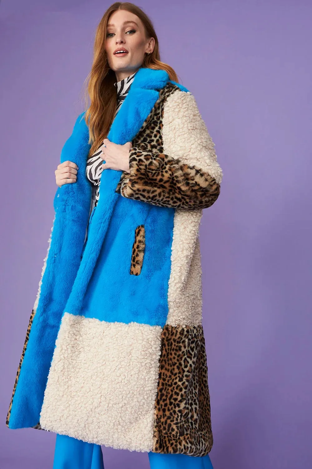 Blue Faux Fur and Faux Shearling Maxi Coat