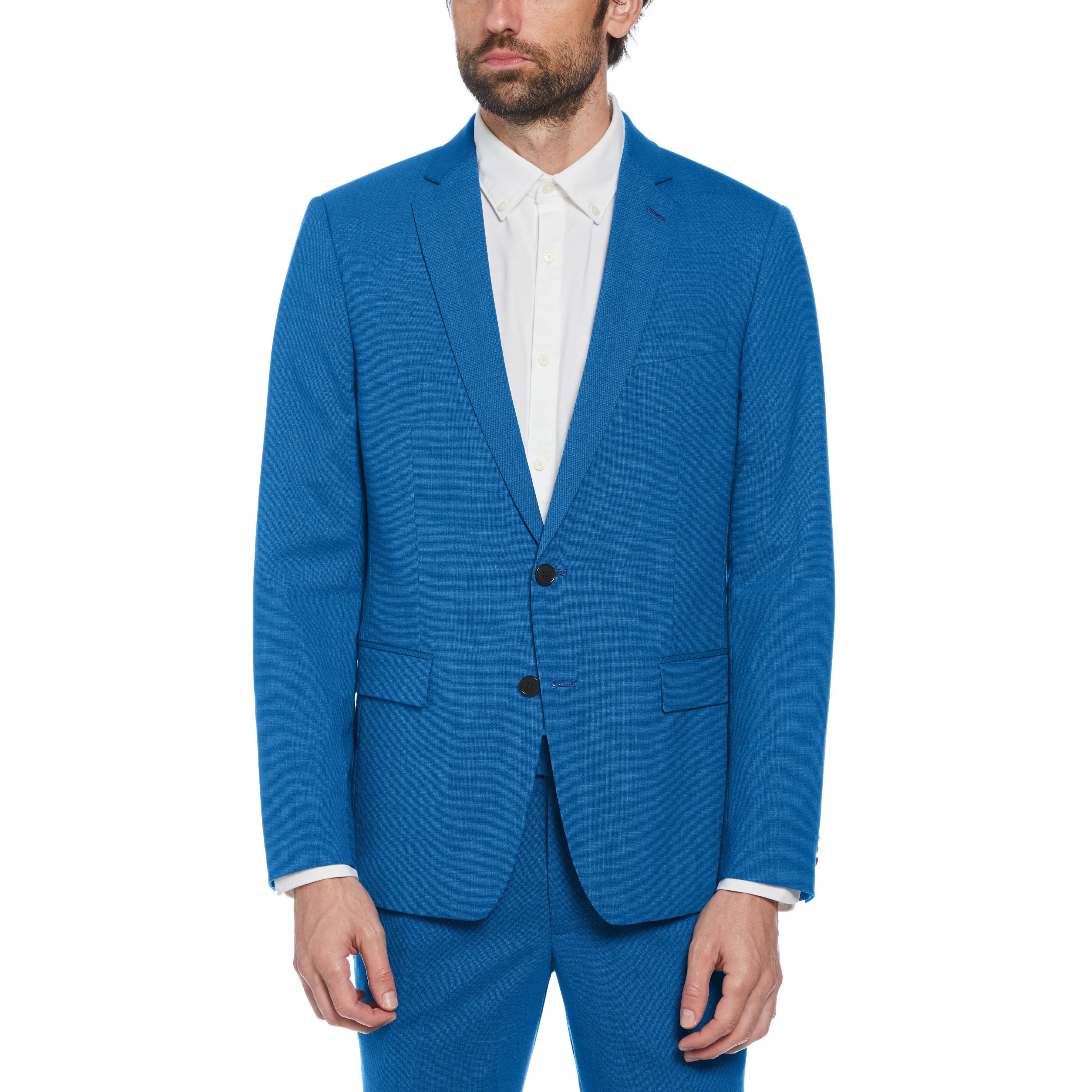 Blue Textured Wool Blend Two Piece Suit