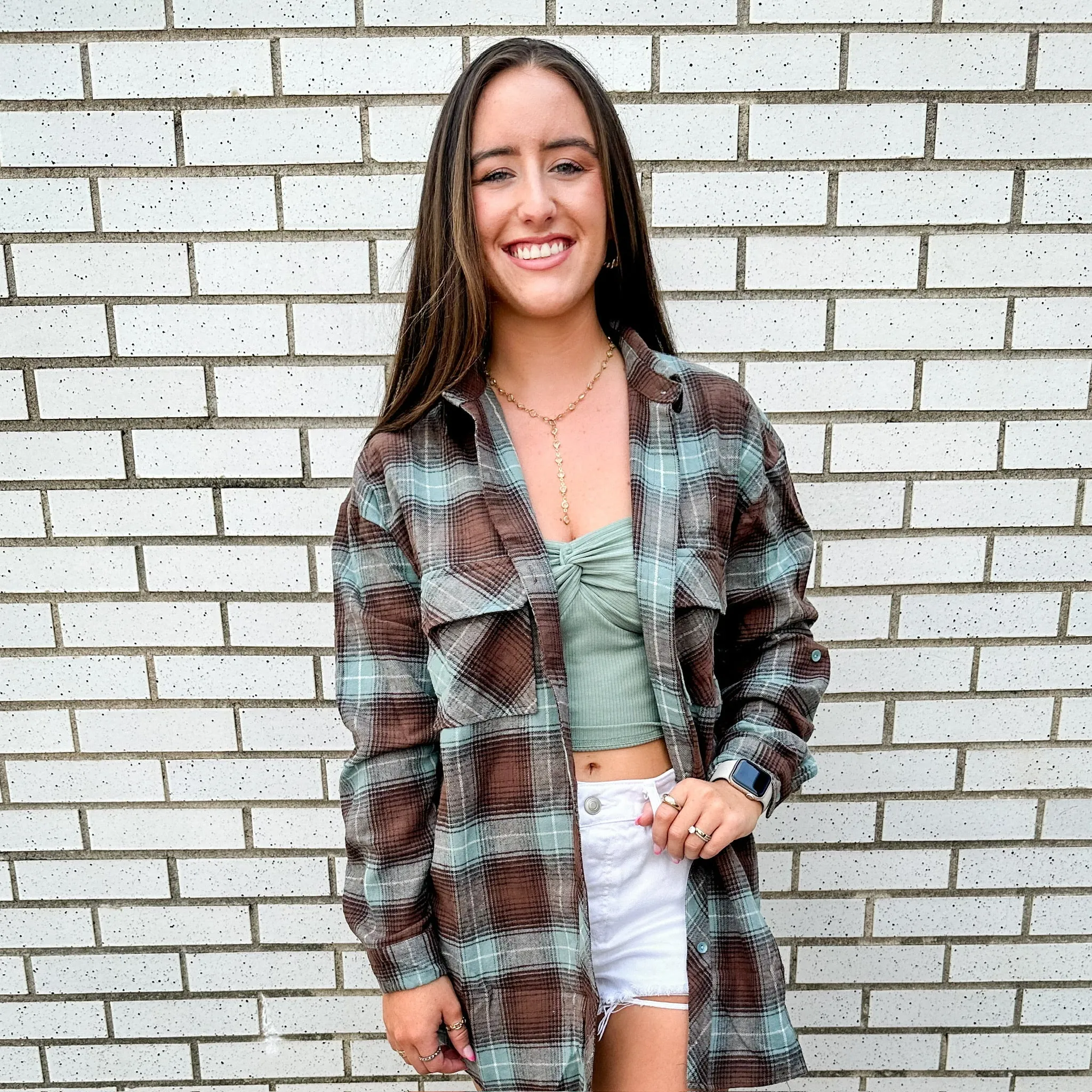 BROWN AND TEAL COLLARED PLAID BUTTON DOWN SHIRT