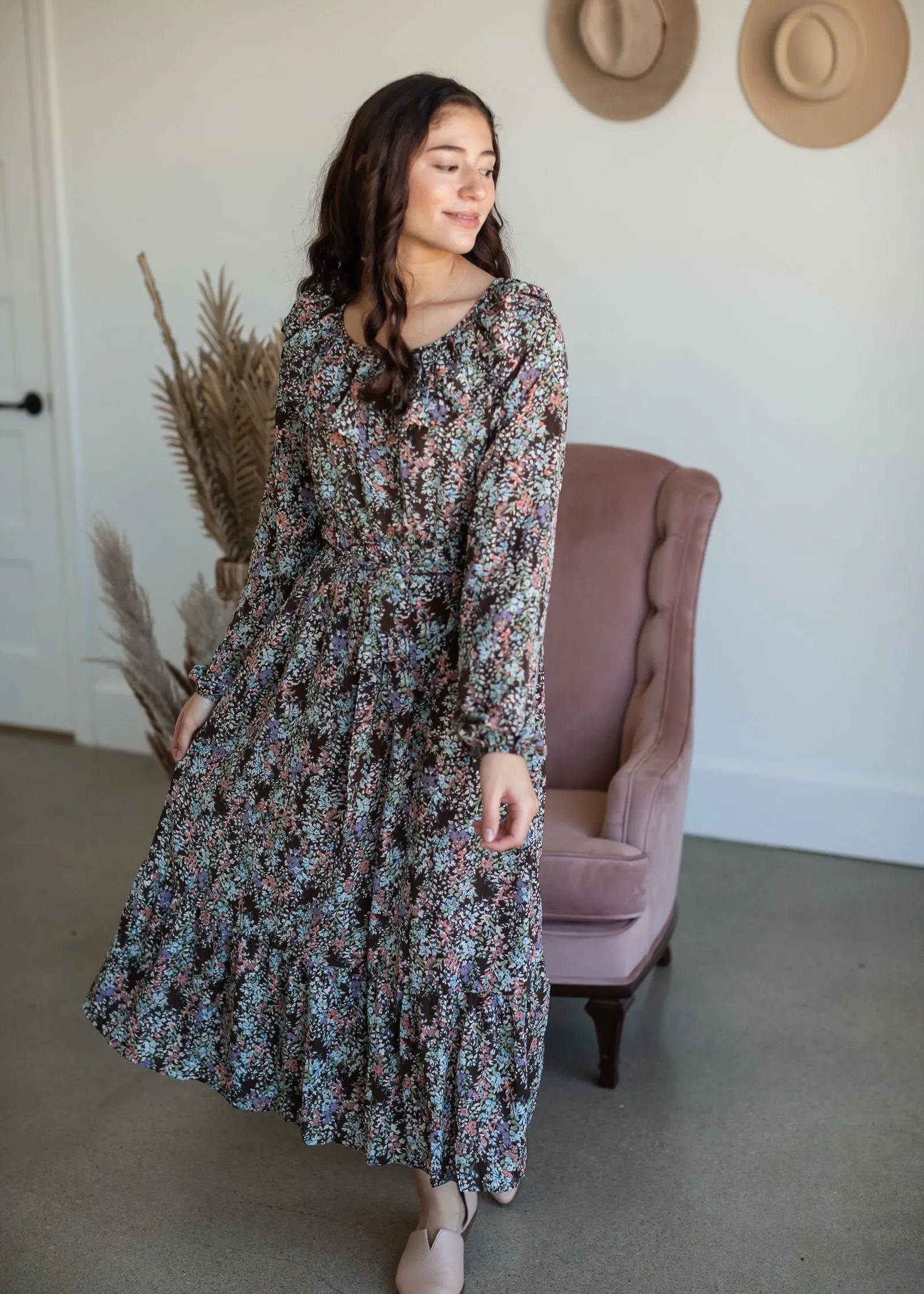 Brown Botanical Print Belted Dress - FINAL SALE