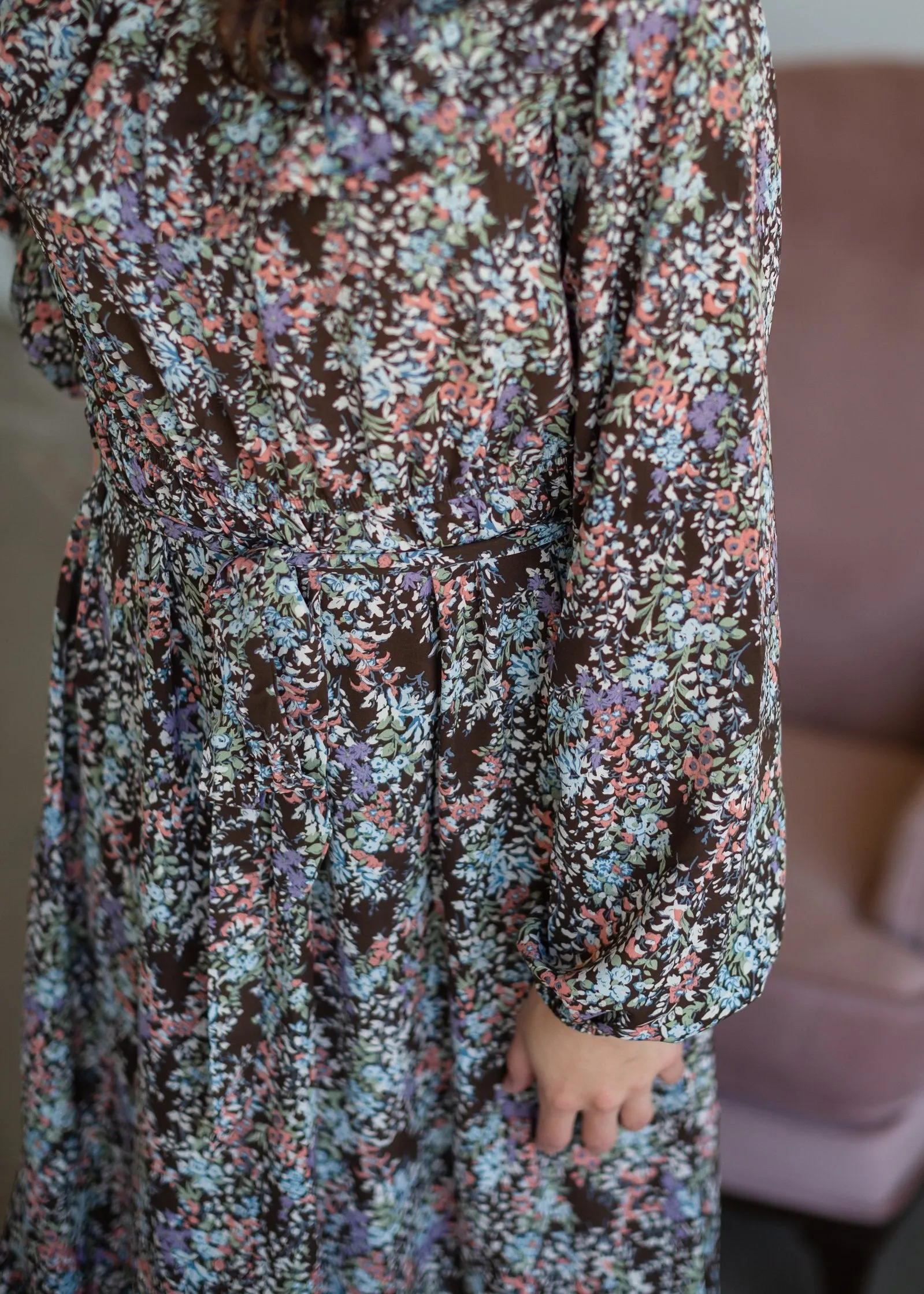 Brown Botanical Print Belted Dress - FINAL SALE