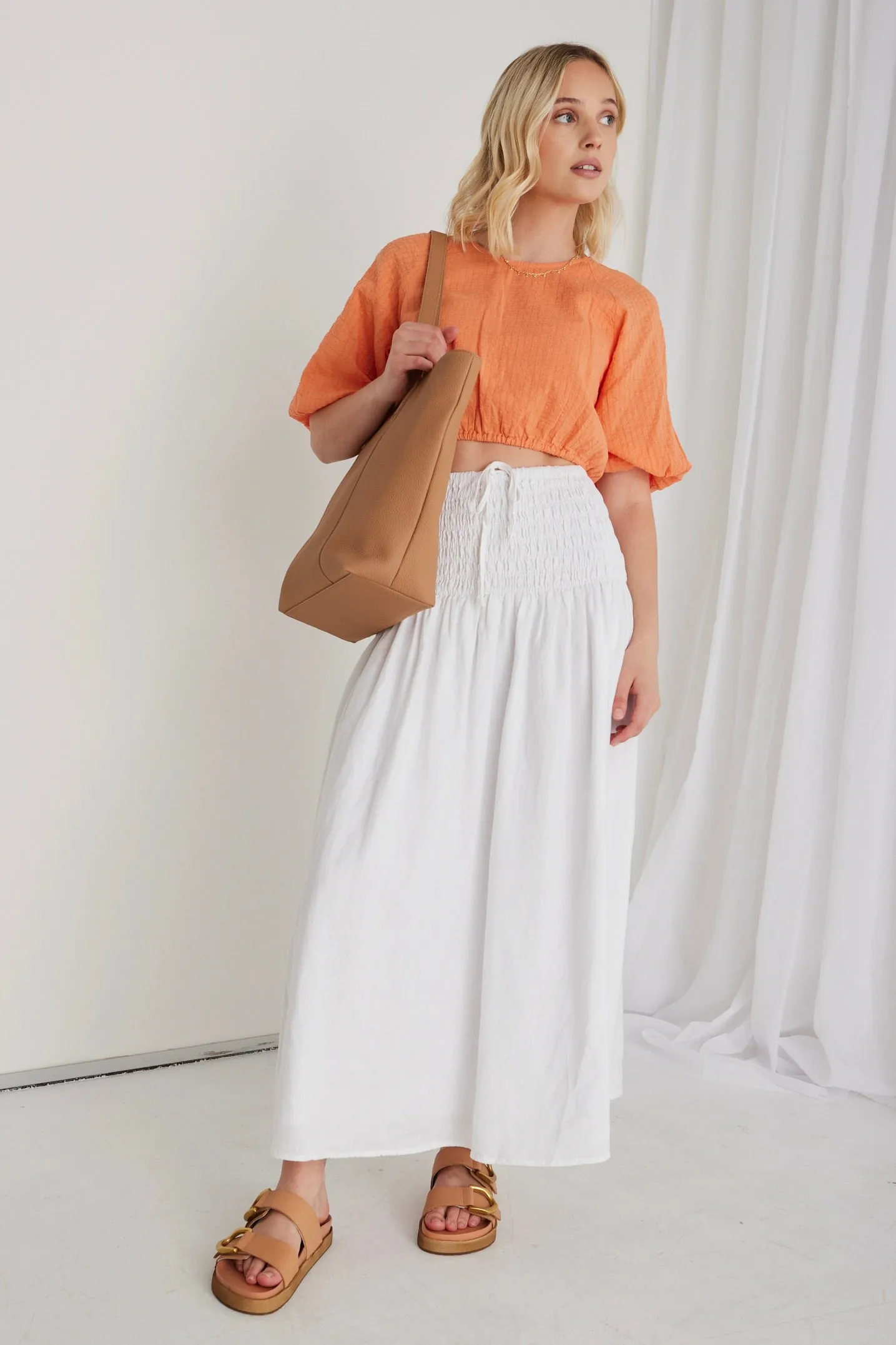 Byron White Linen Shirred Waist Maxi Skirt