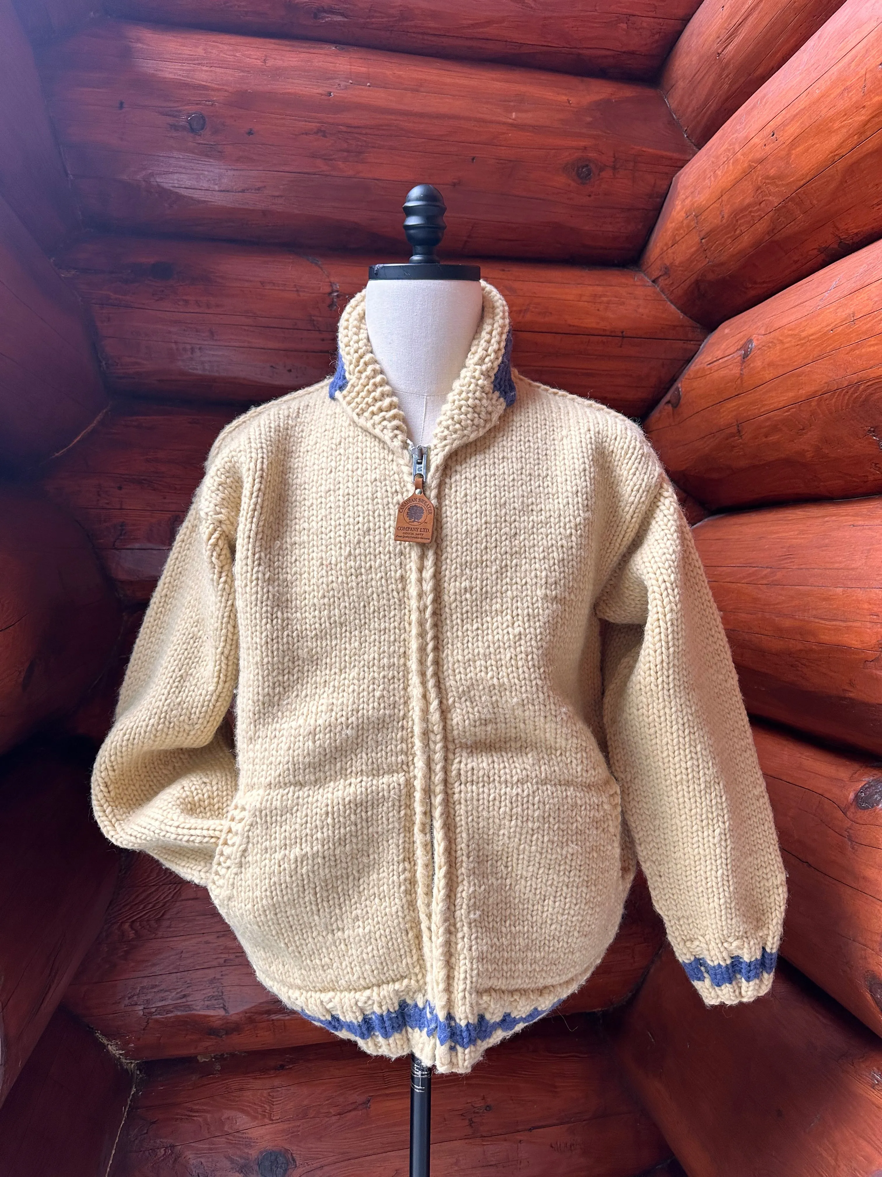 Canadian Knit Sweater - Cream - Blue Trim