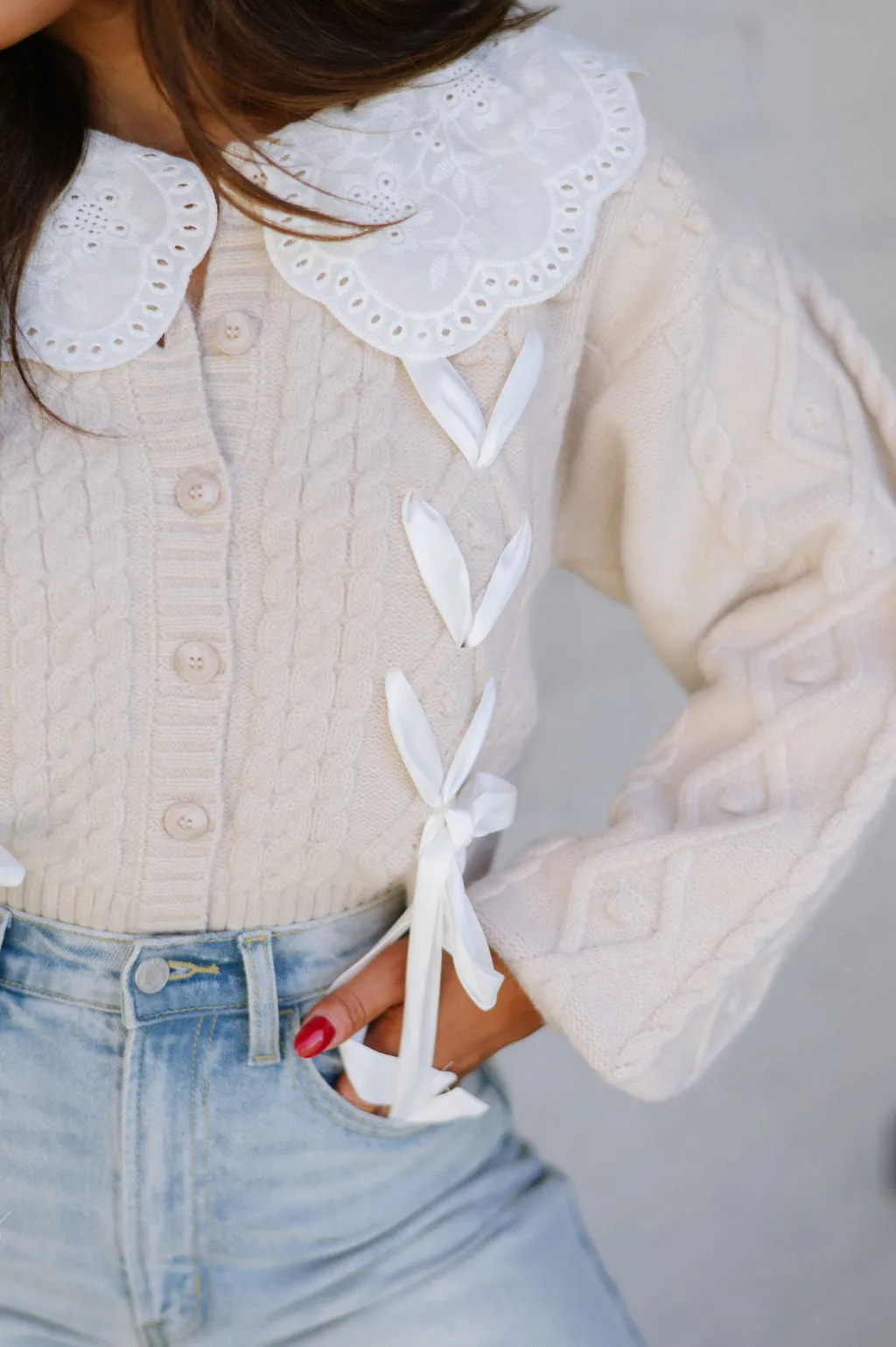 Collar Cable Knit Cardigan- Light Taupe