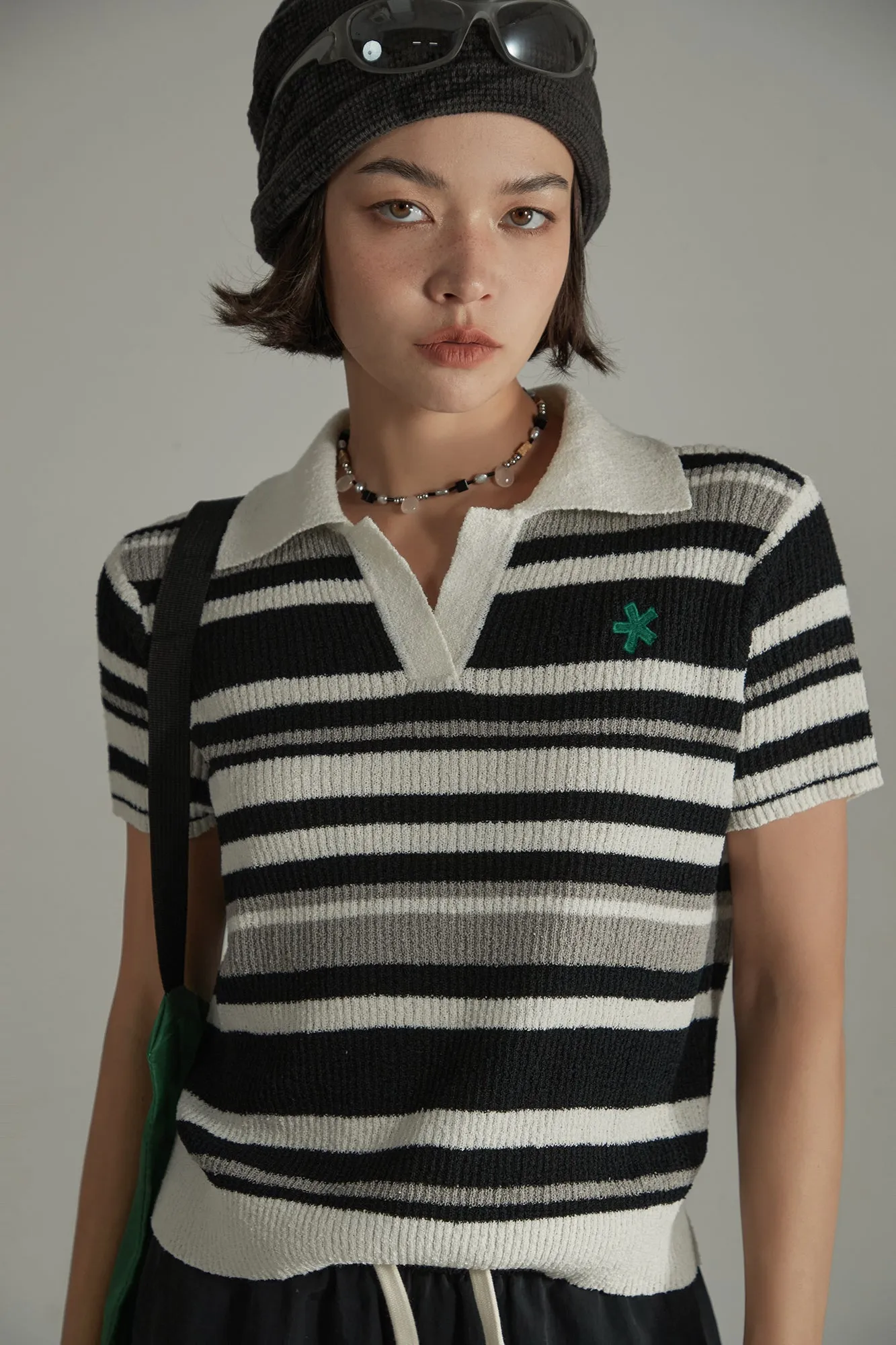 Collar Striped Knit Embroidered Sweater