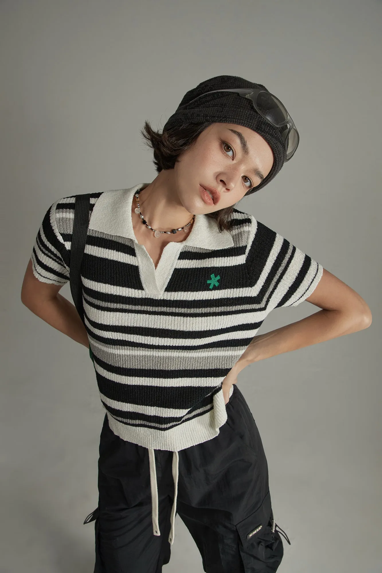 Collar Striped Knit Embroidered Sweater