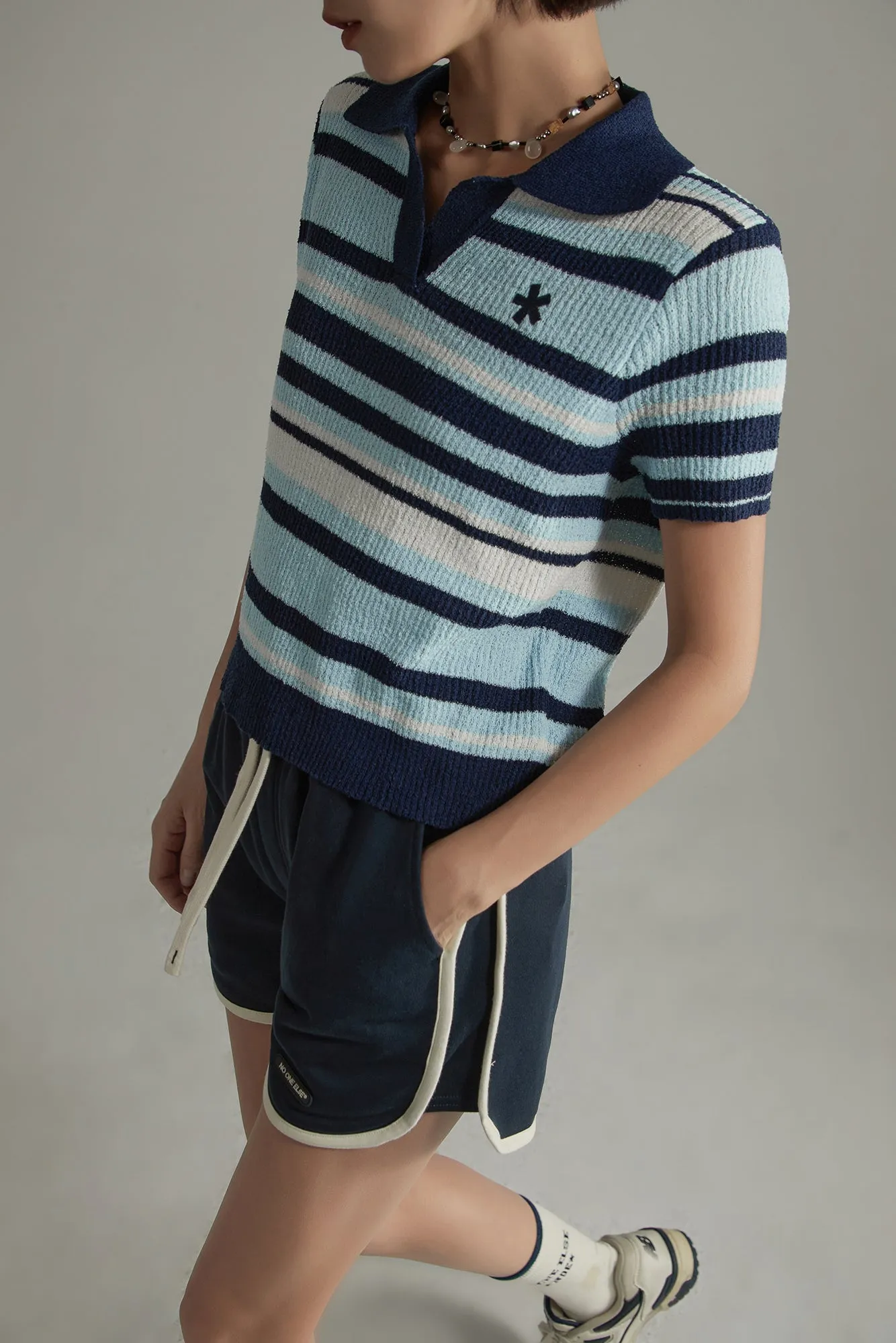 Collar Striped Knit Embroidered Sweater