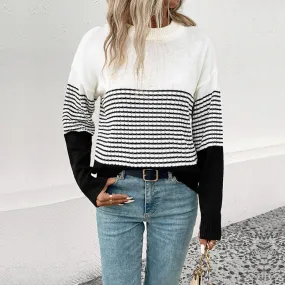 Comfy Round Neck Drop Shoulder Long Sleeve Black and White Striped Sweater