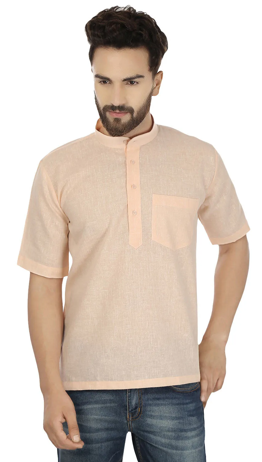 Cotton Dress Mens Short Sleeve Short Kurta Shirt India Fashion Clothes (Peach)