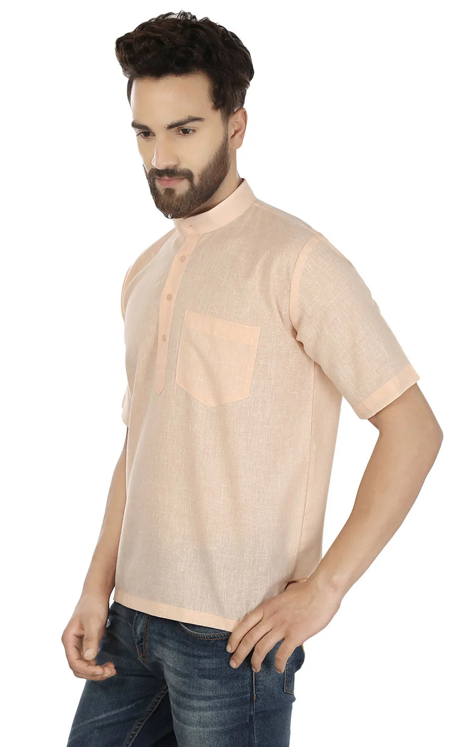 Cotton Dress Mens Short Sleeve Short Kurta Shirt India Fashion Clothes (Peach)