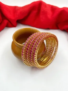 CZ Single Line Ruby Stone American Diamond Bangles By Gehna Shop (Set Of 4)