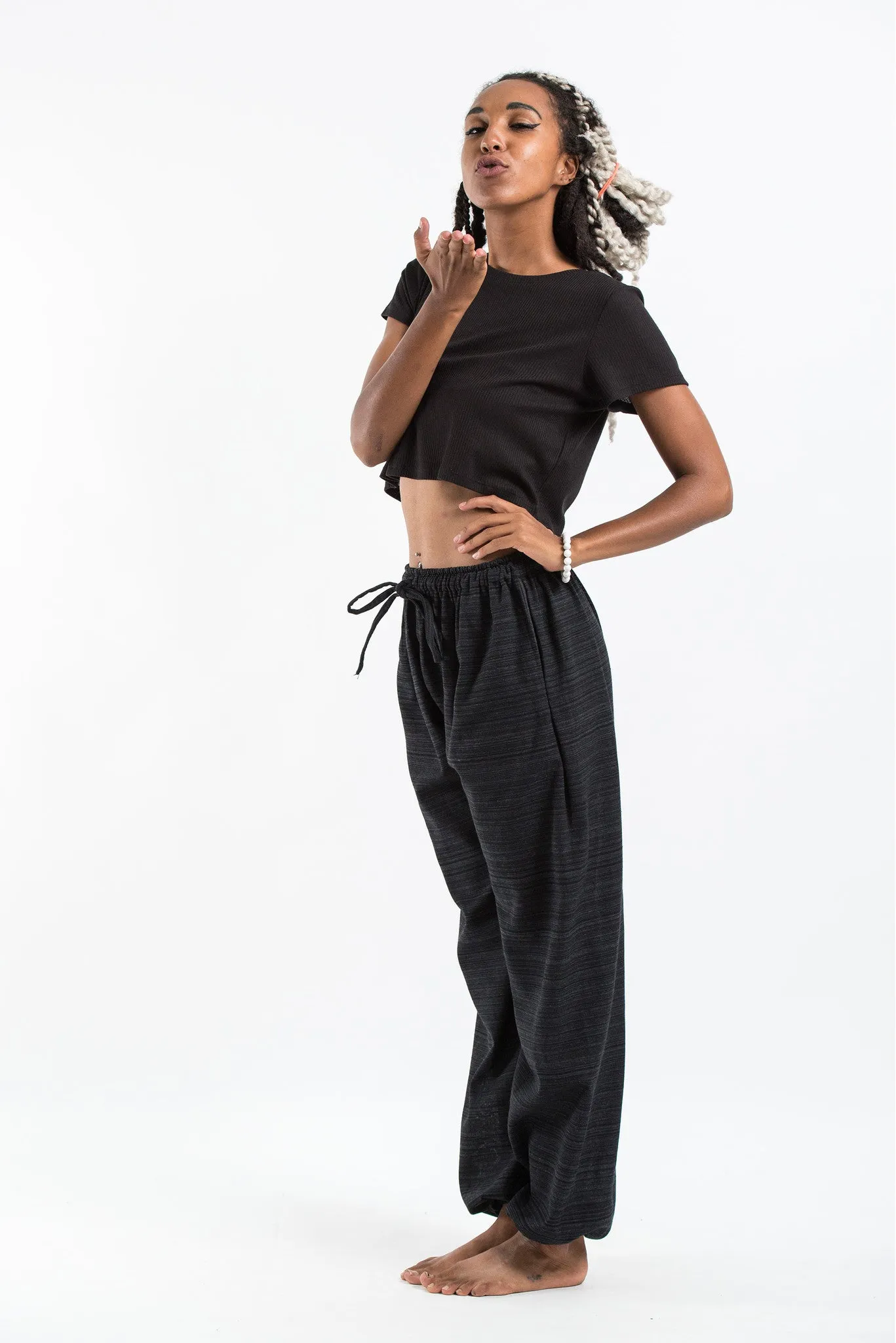 Drawstring Pinstripe Women's  Pants in Black