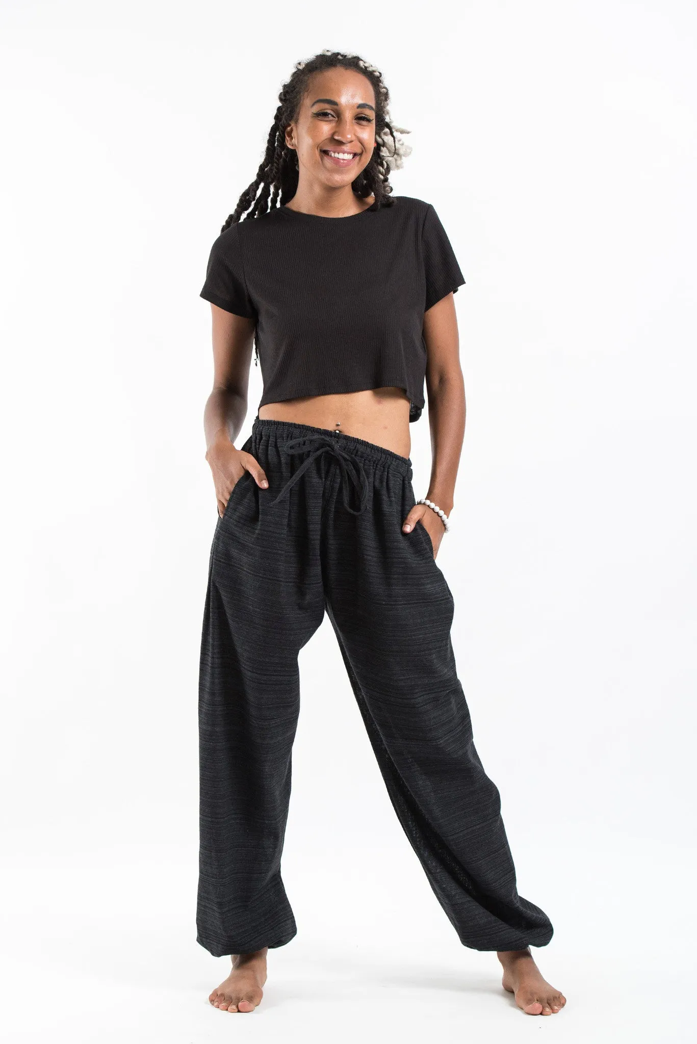 Drawstring Pinstripe Women's  Pants in Black