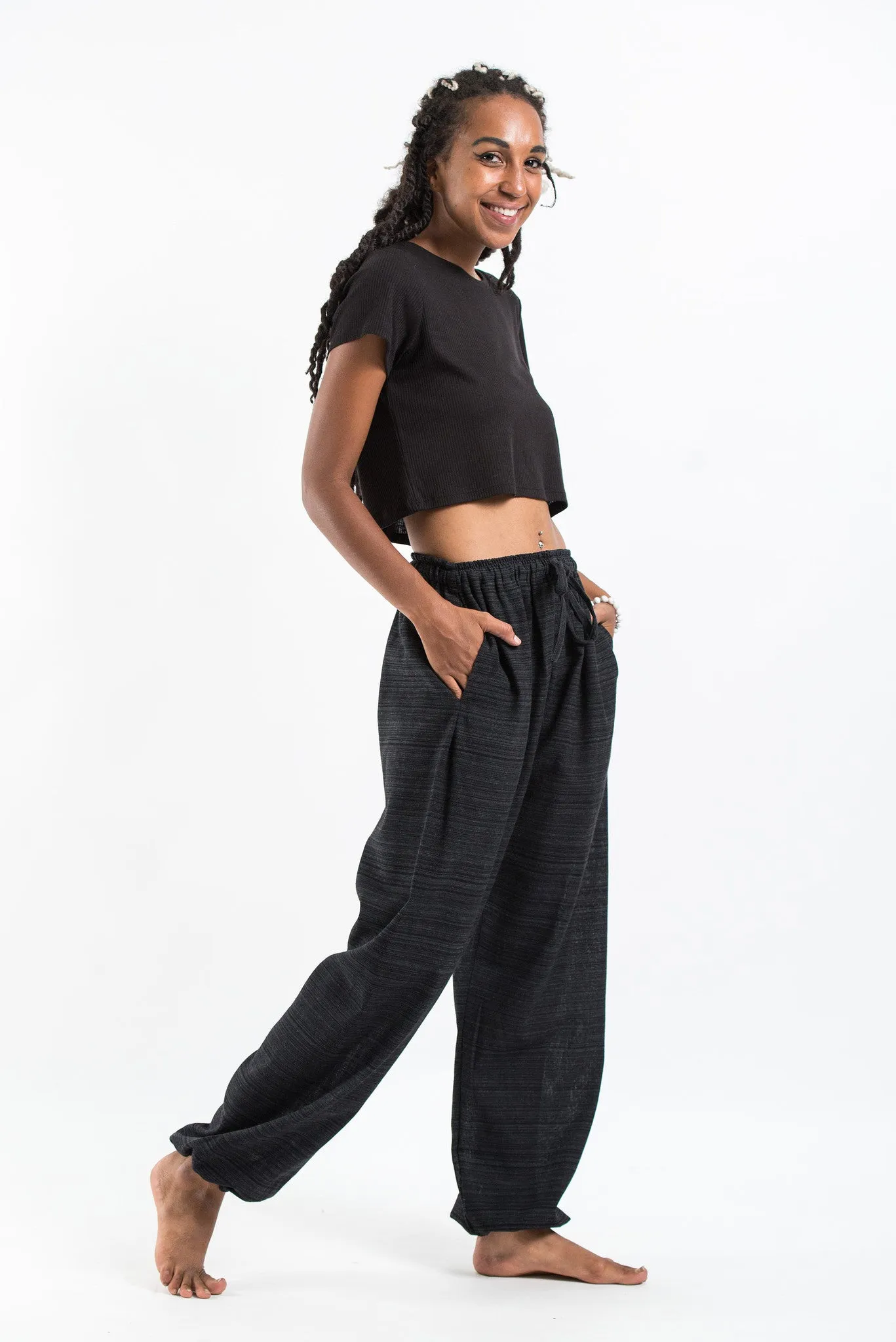 Drawstring Pinstripe Women's  Pants in Black