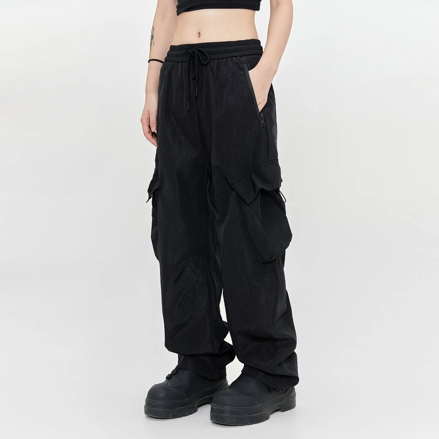 Drawstring Pleated Texture Cargo Pants