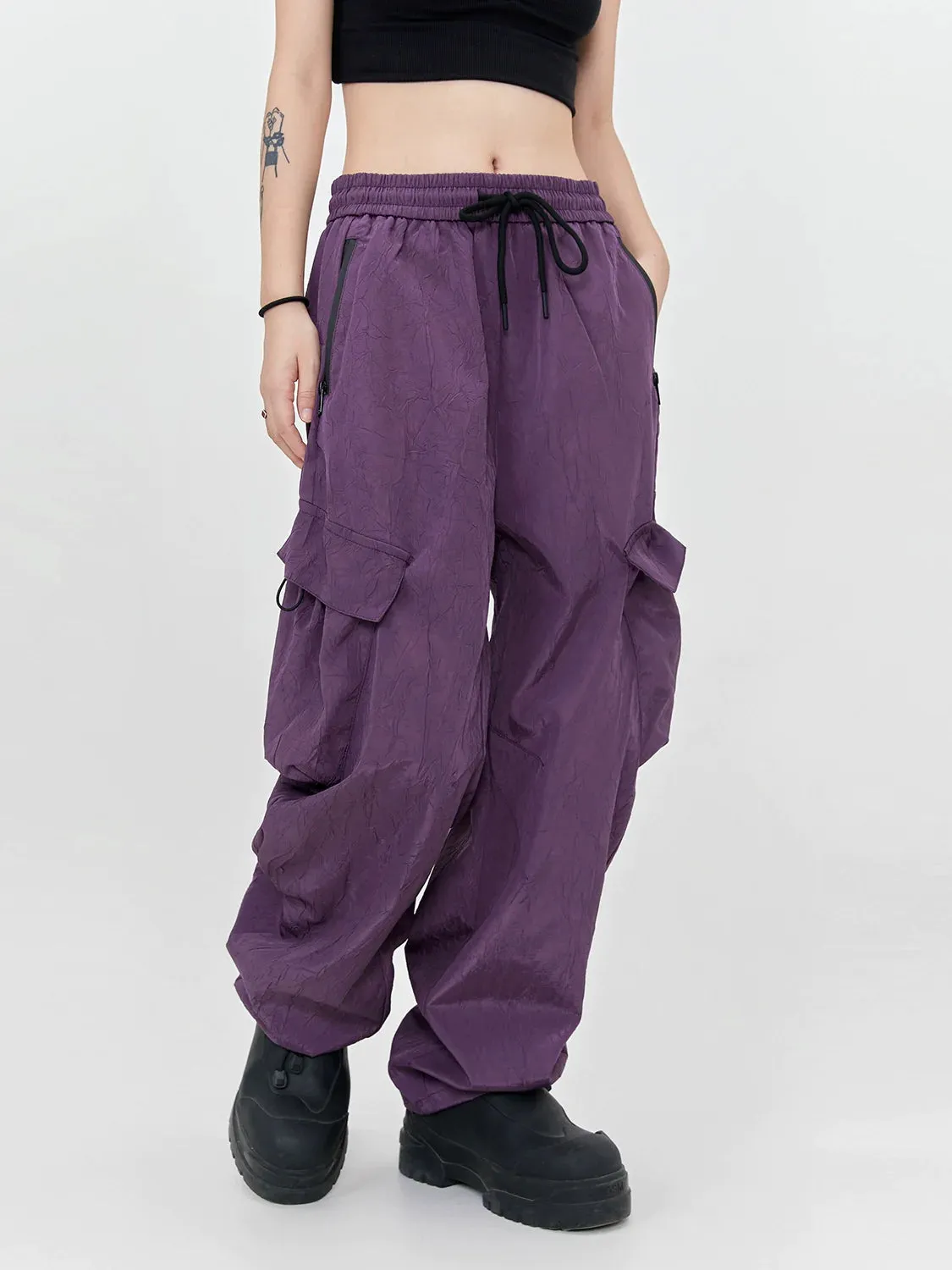 Drawstring Pleated Texture Cargo Pants