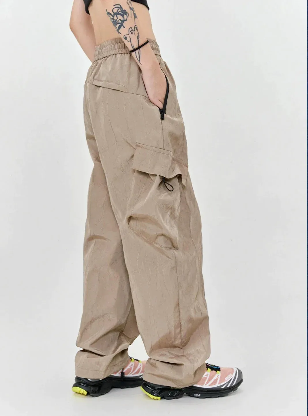 Drawstring Pleated Texture Cargo Pants