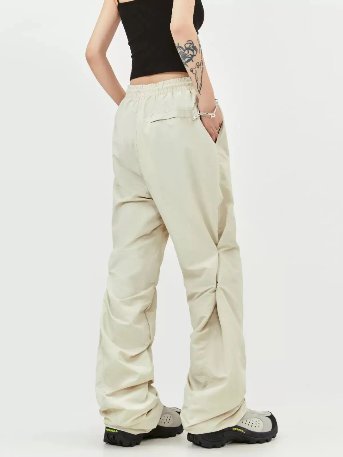 Drawstring Snap Button Pleated Pants