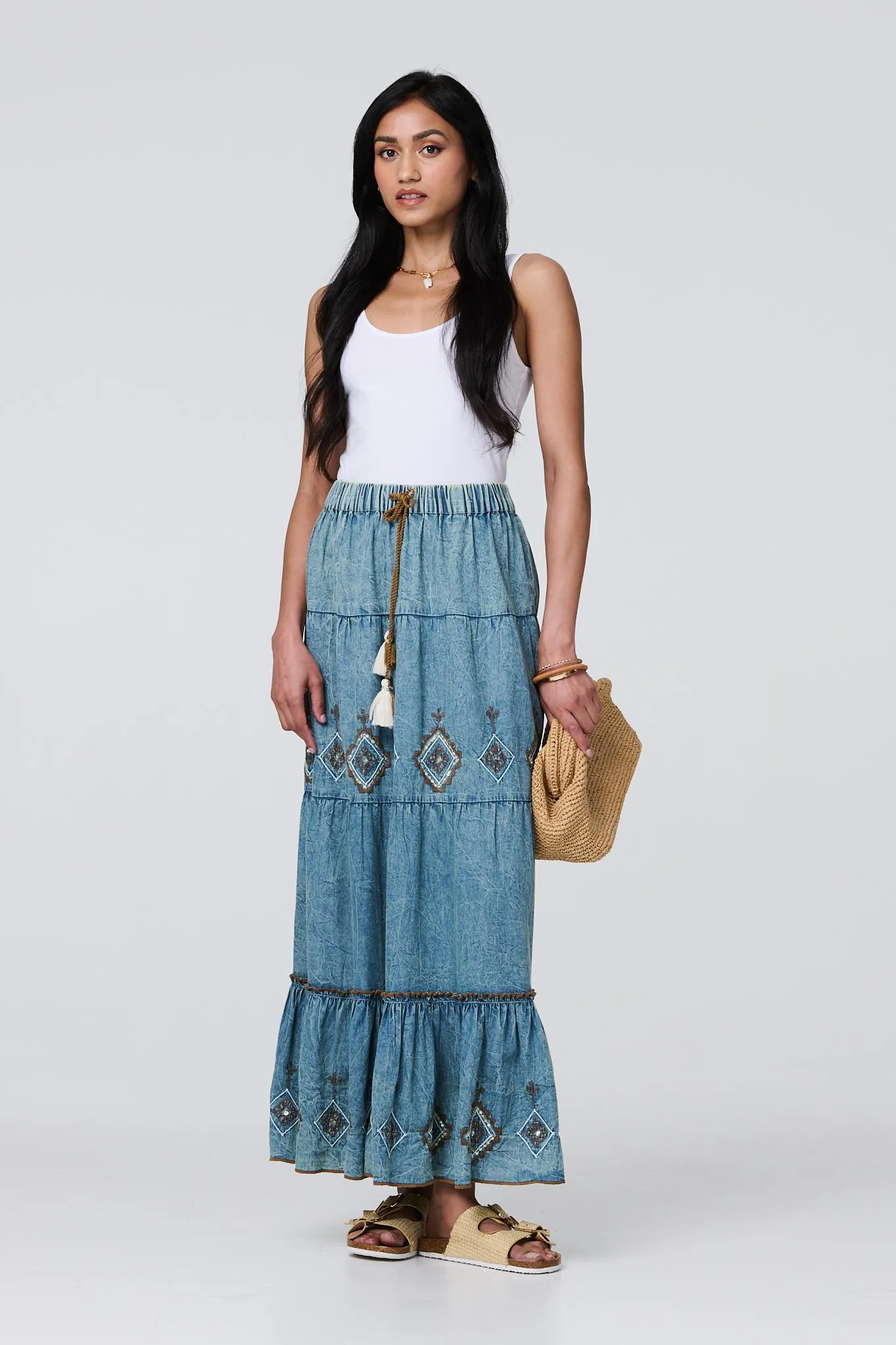 Embroidered Tiered Tassel Waist Maxi Skirt