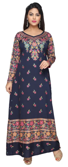 Evening Dress Printed Womens Long Caftan (Dark Blue)