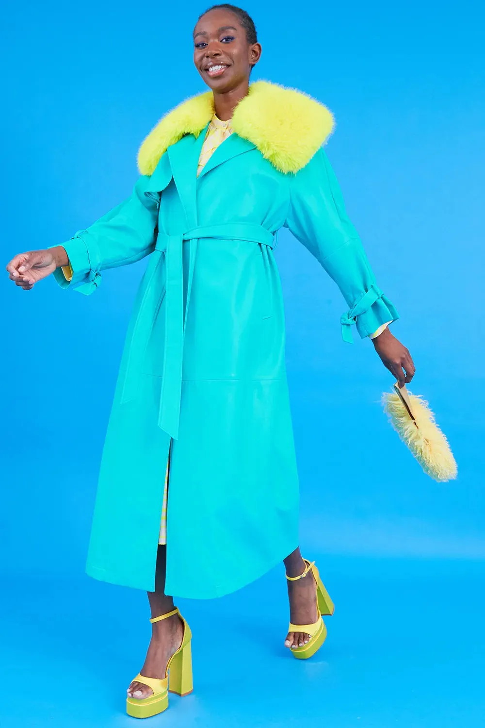 Green Faux Leather Trench Coat with Faux Fur Collar