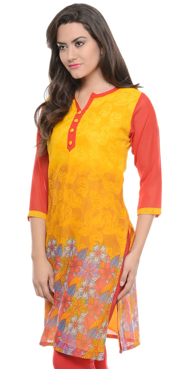 India Tunic Top Long Kurti Georgette Womens Printed Indian Clothing (Yellow)