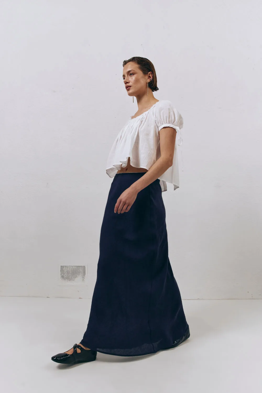 Italian Streets Linen Bias Cut Maxi Skirt Navy