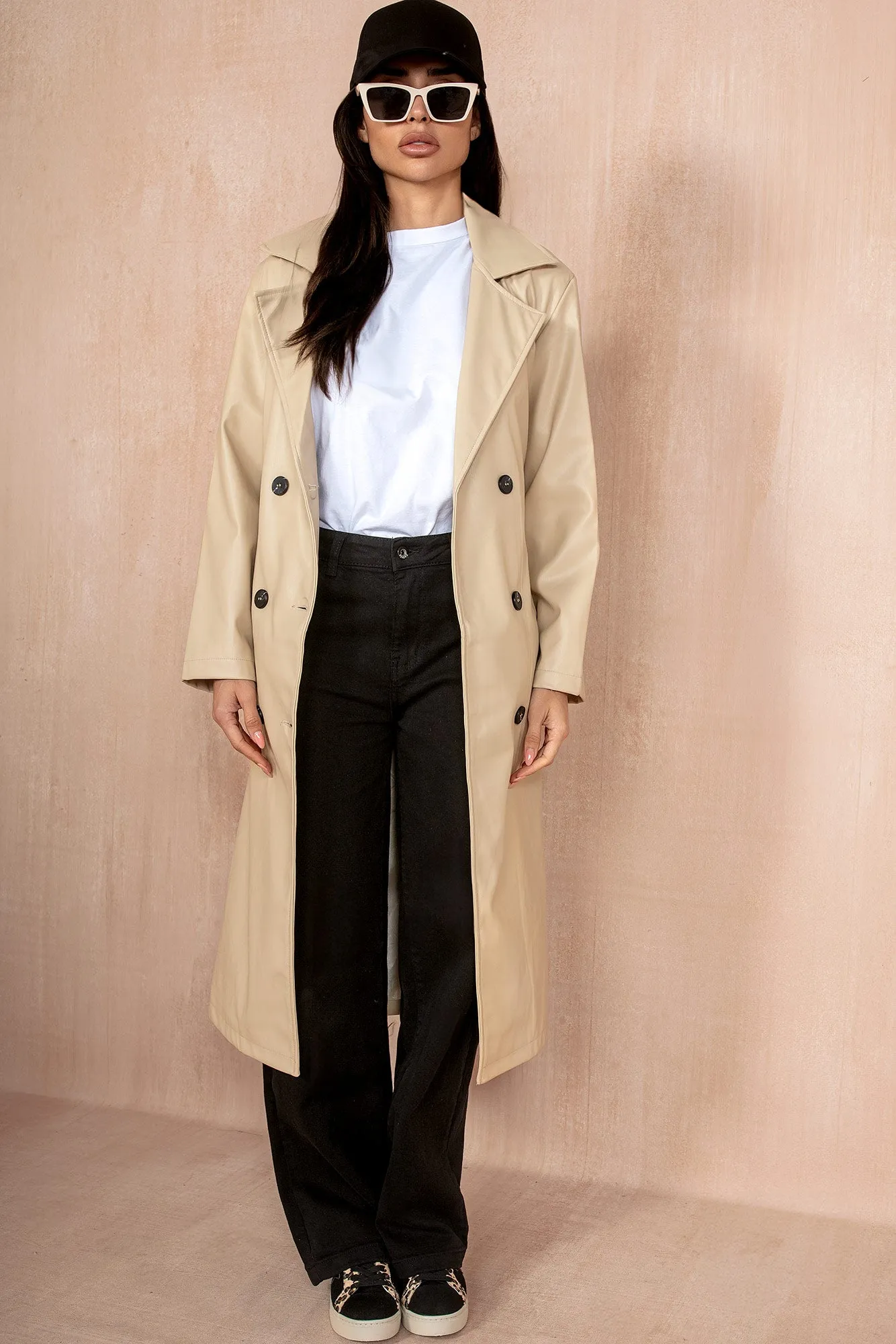 Kenya Cream Leather Look Trench Coat