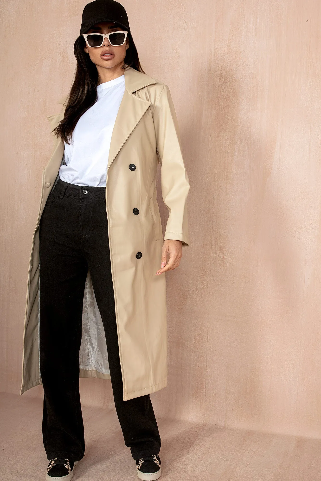 Kenya Cream Leather Look Trench Coat