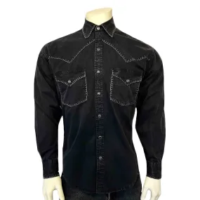 Men's Black Stonewashed Denim Blanket Stitch Western Shirt