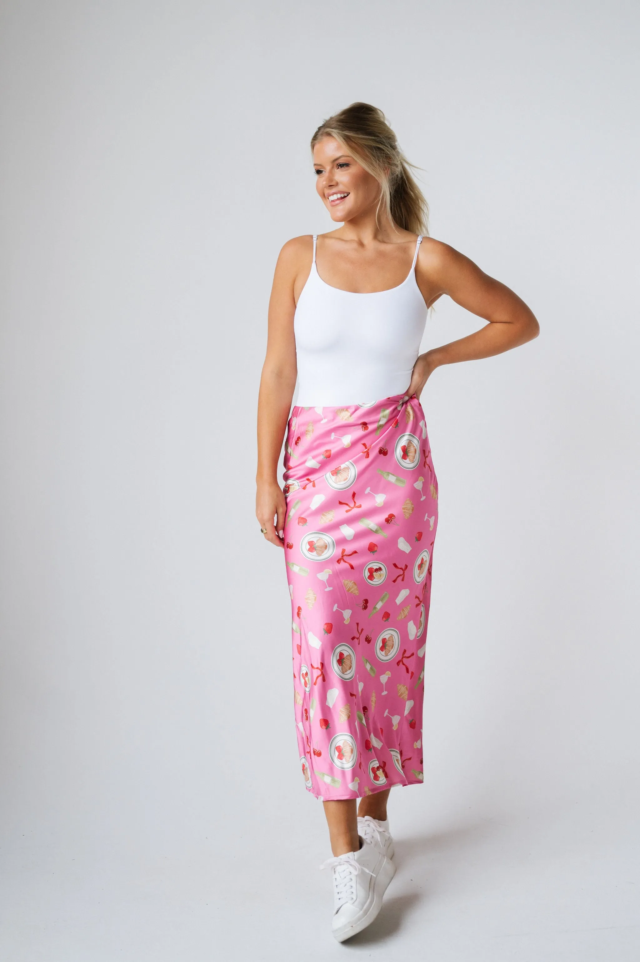 Mid Rise Satin Midi Skirt- Pink