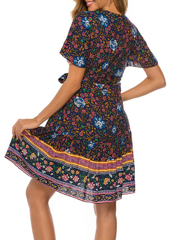 Momnfancy Bohemian Beach Skirts Short Sleeve Pleats Printing Maternity Dress