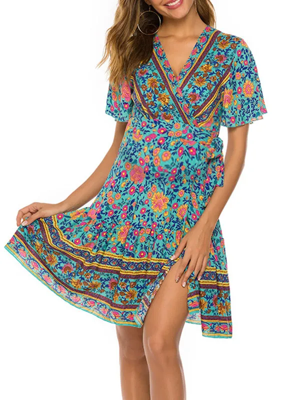 Momnfancy Bohemian Beach Skirts Short Sleeve Pleats Printing Maternity Dress