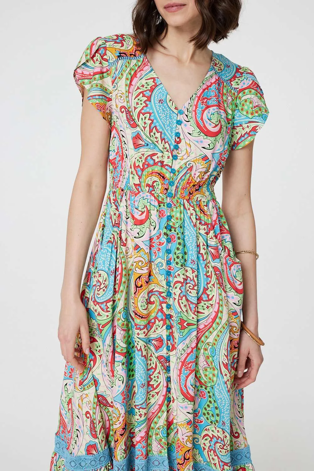 Paisley V-Neck Button Detail Maxi Dress