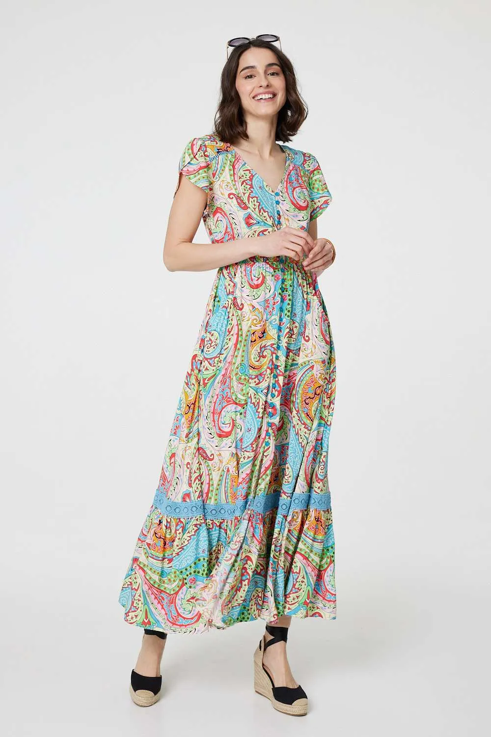 Paisley V-Neck Button Detail Maxi Dress